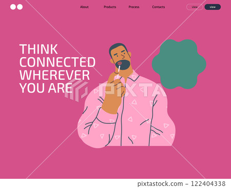 Thinking people, modern flat vector concept illustration- man standing thoughtfully, looking upwards, bubble near his head Metaphor for reflection, analysis, introspection, contemplation, deep thought 122404338