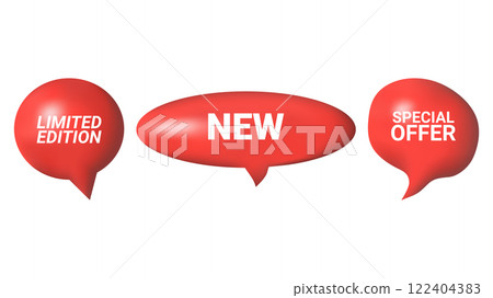 3D speech bubbles different shapes message icon. Text new special offer limited edition. For social media advertising posters. Vector isolated set. 122404383