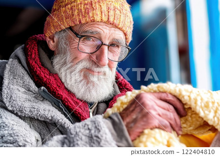 Man offers warmth and support to individuals in winter shelter with blankets 122404810