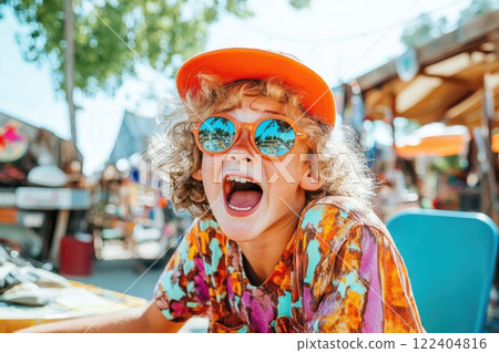 Teenager gasps with joy after discovering rare collectible at busy flea market on sunny day 122404816