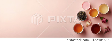 Selection of herbal and floral teas with loose leaves on a neutral backdrop for tea lovers 122404886