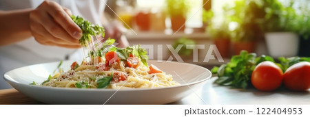 Chef garnishing a pasta dish with fresh herbs in a bright modern kitchen Chef garnishing a pasta dish with fresh herbs in a bright modern kitchen 122404953