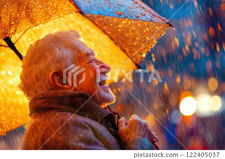 Elderly couple enjoys a rainy day under one umbrella while laughing in a vibrant park 122405037
