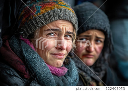 Young woman offers comfort to crying refugee at border checkpoint during difficult times 122405053