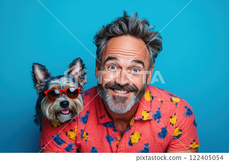 Man looks amazed and amused seeing a dog in sunglasses against a blue background 122405054
