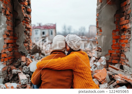 Woman provides comfort to man amid destruction and despair in a devastated neighborhood 122405065
