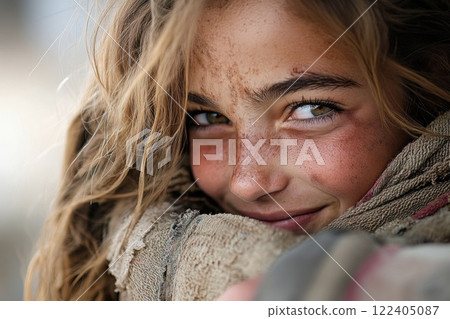 Young woman provides comfort to refugee at border checkpoint during a difficult time 122405087