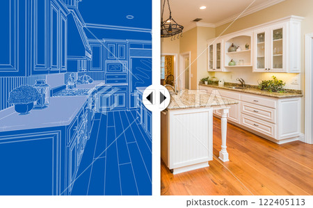 Before and After Slider Comparing Blueprint Sketch Drawing Plans and Completed Custom Kitchen. 122405113