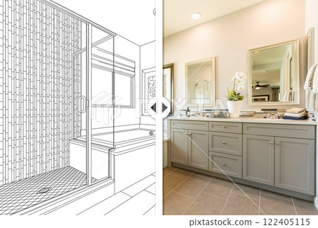 Before and After Slider Comparing Pencil Sketch Drawing Plans and Completed Custom Master Bathroom 122405115