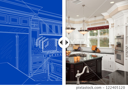 Before and After Slider Comparing Blueprint Sketch Drawing Plans and Completed Custom Kitchen. 122405120