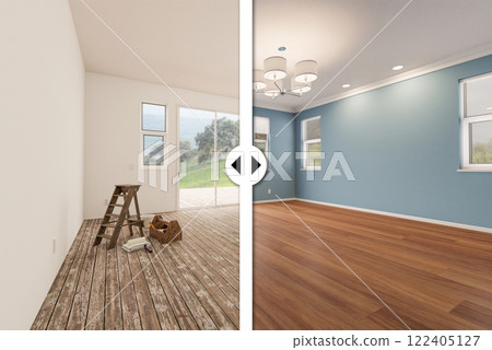 Before and After Slider Comparing The Unfinished Condition and the Completed Light Blue Painted and Remodeled Room Interior. 122405127