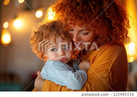 Woman comforts crying child in emergency shelter during a distressing time Woman comforts crying child in emergency shelter during a distressing time 122405158