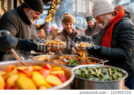 Group of volunteers providing hot meals to those in need during urban outreach at dusk 122405159