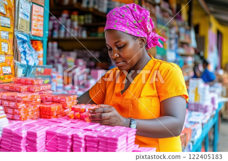 Woman organizes medical supplies in community clinic with bright atmosphere and inviting layout 122405183