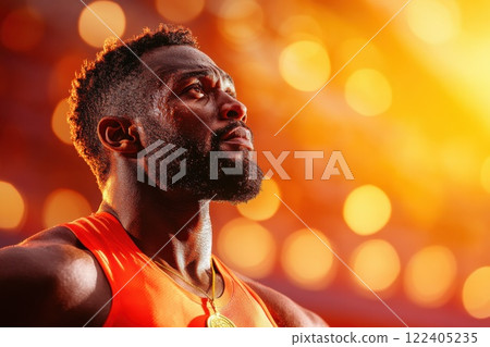Athlete overwhelmed with emotion after winning gold medal at bright stadium podium 122405235