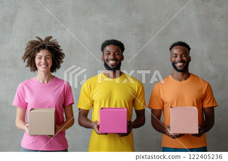 Cheerful volunteers holding donation boxes in a bright open space during a community event 122405236