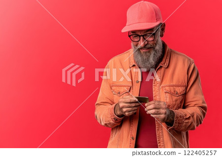 Man in his 30s beams with disbelief holding a winning lottery ticket against a red backdrop 122405257
