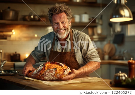 Proud man in his 40s presenting freshly baked bread in warmly lit kitchen 122405272
