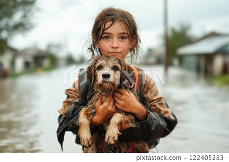 Young woman carries injured dog through flooded street in a somber atmosphere 122405283
