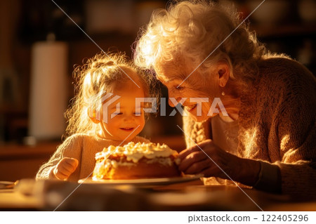 Elderly woman enjoys her granddaughters first homemade cake in a cozy kitchen 122405296