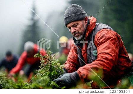 Volunteers work together to restore nature by planting trees in a deforested area 122405304