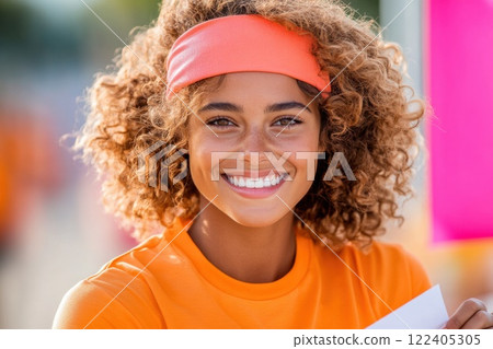 Cheerful young woman promotes local charity run by handing out flyers in vibrant setting 122405305