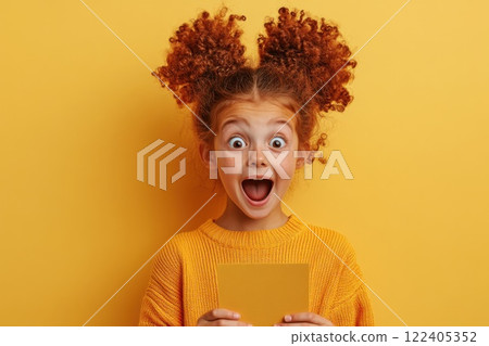 Teenage girl shows surprise and joy while receiving a thank you card from her friend Teenage girl shows surprise and joy while receiving a thank you card from her friend 122405352