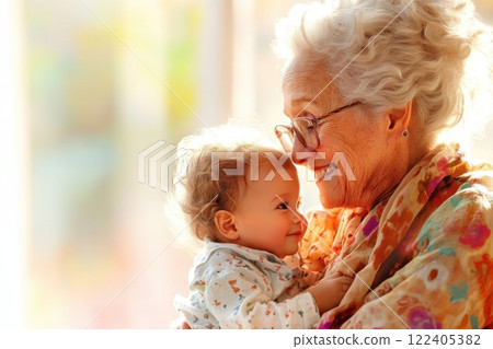 Joyful elderly woman holds her first great grandchild in a warmly lit living room 122405382