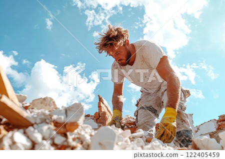 Man of European descent helps rebuild home after earthquake destruction in overcast weather 122405459