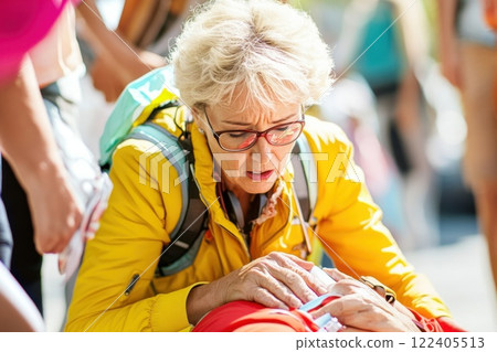 Middle aged woman providing first aid to stranger in crowded city street during daylight hours 122405513