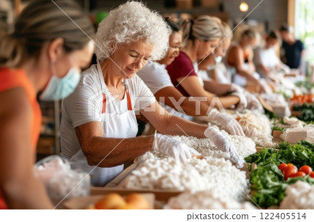 Diverse volunteers packing hygiene kits at community center in vibrant atmosphere 122405514