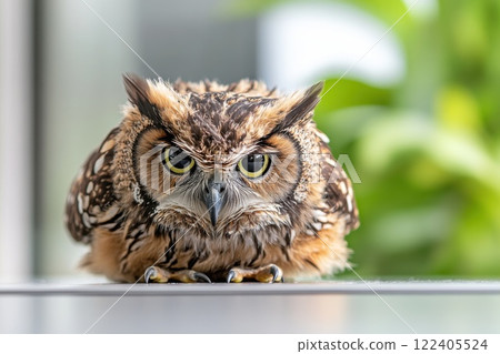 Veterinarian caring for owl in wildlife sanctuary while gently cleaning feathers 122405524