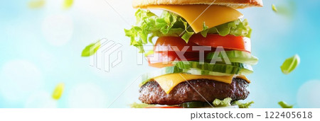 Layers of a delicious burger floating in mid air with vibrant colors and fresh ingredients 122405618