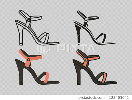 Flat Vector Linear Women's High-Heeled Sandals Icon Set Isolated. Sandals, Footwear Color Symbol Set, Design Template, Clipart. Vector Illustration 122405641