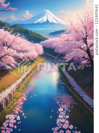 Riverside scenery with cherry blossoms - AI-generated image 122405642