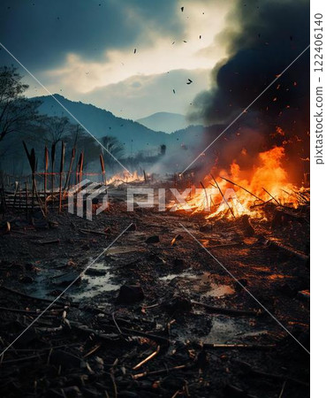 Burning battlefield of the Sengoku period AI-generated image Burning battlefield of the Sengoku period AI-generated image 122406140