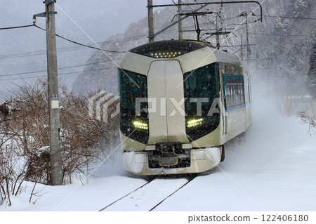 Snow Country, Minamiaizu...The 500 Series [Limited Express Liberty Aizu] travels along the frozen railway 122406180