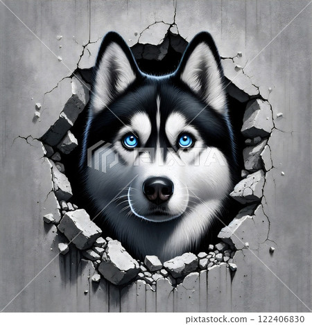 Blue-eyed husky breaks through a wall 122406830