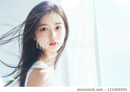 Woman standing by the window with her hair fluttering Woman standing by the window with her hair fluttering 122406930