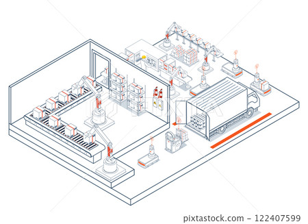 Robotic material flow in the automated warehouse is achieved through a fleet of AGVs and AMRs working together. Robotic material flow in the automated warehouse is achieved through a fleet of AGVs and AMRs working together. 122407599