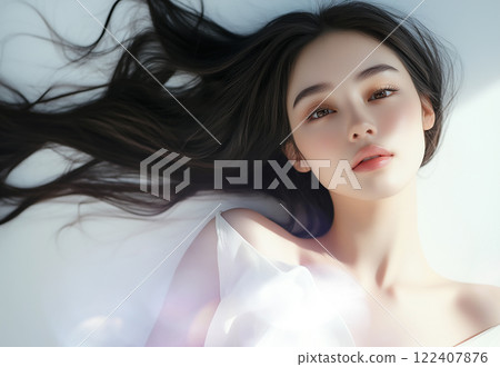 Aerial view of a long-haired woman lying on a bed Aerial view of a long-haired woman lying on a bed 122407876