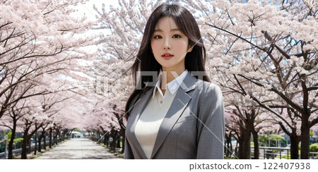 A woman with cherry blossoms in the background 122407938
