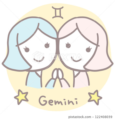 簡單可愛的女孩雙子座插畫與英文符號 簡單可愛的女孩雙子座插畫與英文符號 122408039