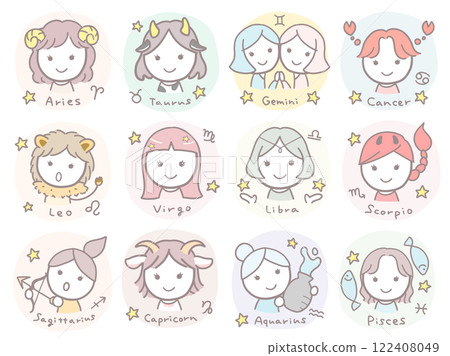簡單可愛女孩的12星座彩色插畫套裝搭配英文符號 122408049