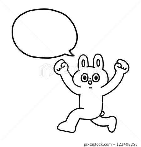 A funny rabbit running with his hands up and a speech bubble - line drawing 122408253