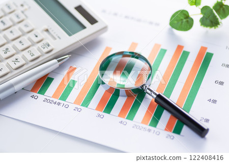 Company performance graph, calculator and magnifying glass Company performance graph, calculator and magnifying glass 122408416