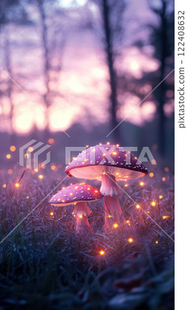 Magical meadow with glowing mushrooms under twilight sky Magical meadow with glowing mushrooms under twilight sky 122408632