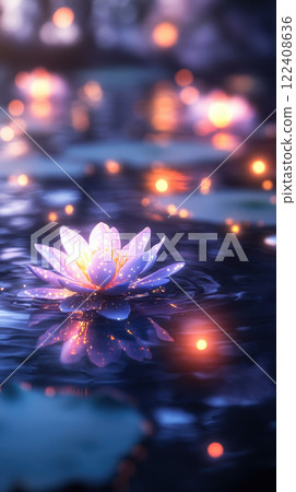 serene pond with glowing lotus flowers reflecting in water 122408636