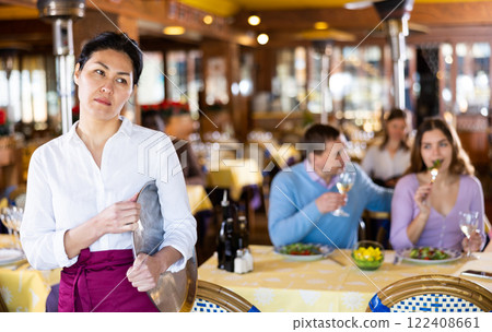 Portrait of upset waitress in the hall of restaurant Portrait of upset waitress in the hall of restaurant 122408661