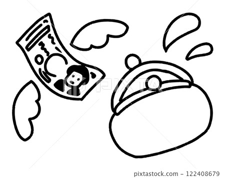 簡單觸摸錢包和飛向天空的鈔票的線條畫 122408679